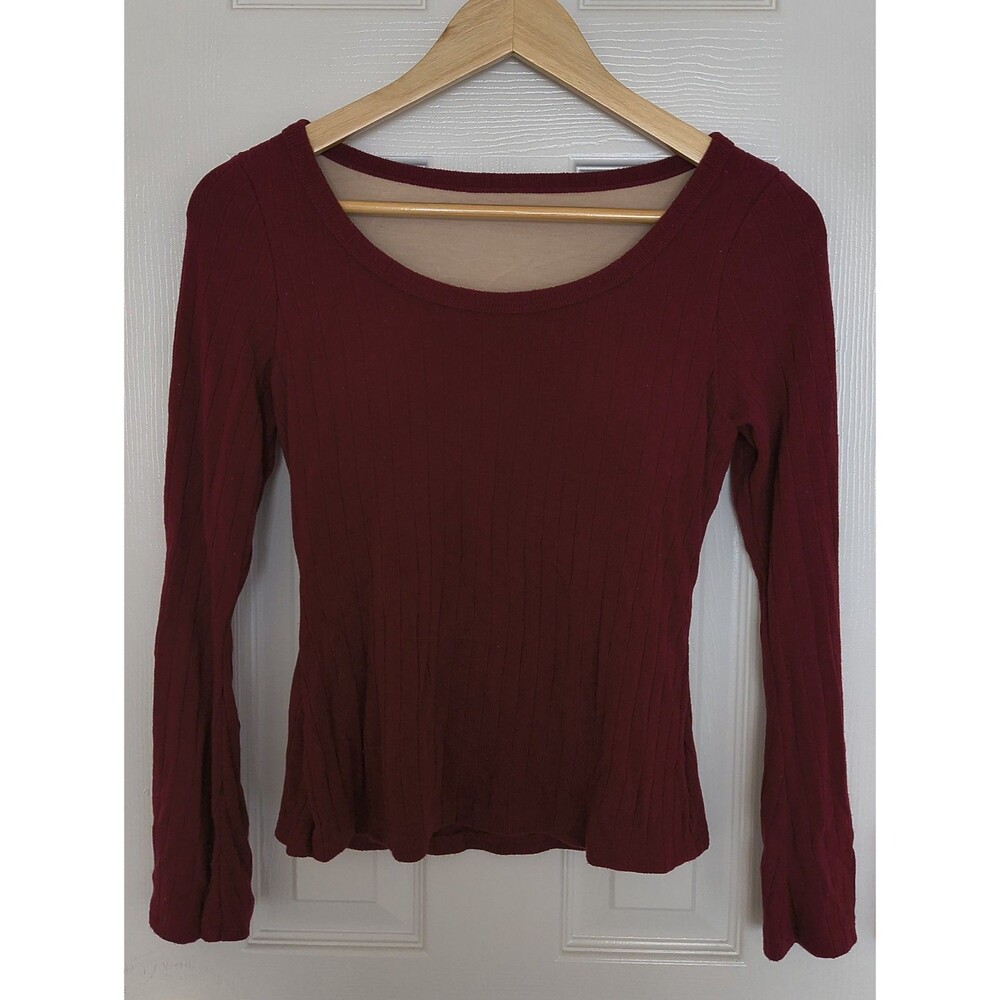 Women's S Wine Red Ribbed Boat Neck Long Sleeve Built-In Bra Fitted Stretch Top